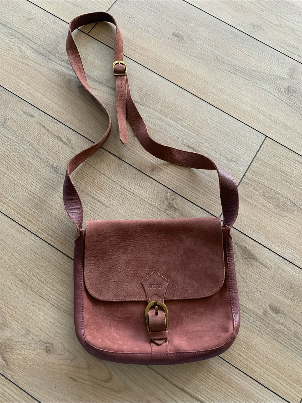 Arche Rust Brown Leather Crossbody with Buckle Detail